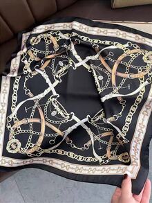 1件仿絲鏈條印花正方形女款方巾，可作腰帶領巾纏繞裝飾絲巾，適用於日常佩戴的領帶與髮飾 - 黑色 - 查看 2