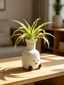 1pc Cream White Soothing Soft Cute Smiling Face Brown Feet Resin Vase, Cream White Glossy Hammered Texture Long Neck Vase, Suitable For Windowsill, Desktop, Bookshelf, Dining Table Centerpiece Decoration, Living Room Bedroom Home Decor, Can Hold Dried Flowers And Fresh Flowers - New Model - View 6