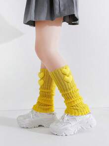 1 Pair Girls Sweet Cute 3D Heart Bright Color Spring Autumn All Season Knit Leg Warmers, Performance Colorful Girls Slouch Leg Warmers - Yellow - View 4