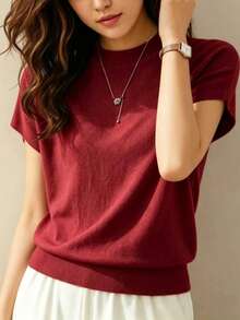 Women's Plus Size Burgundy Ribbed Knit Short Sleeve Crew Neck Top, High Elasticity Batwing Sleeves, Regular Length, Suitable For Daily Wear Summer - Burgundy - View 3