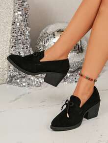 Pointed Toe Mary Jane Suede Women's Shoes Plus Size All Season New Slip-On Versatile Comfortable Thick Heel Low Vamp Shoes - Black - View 5