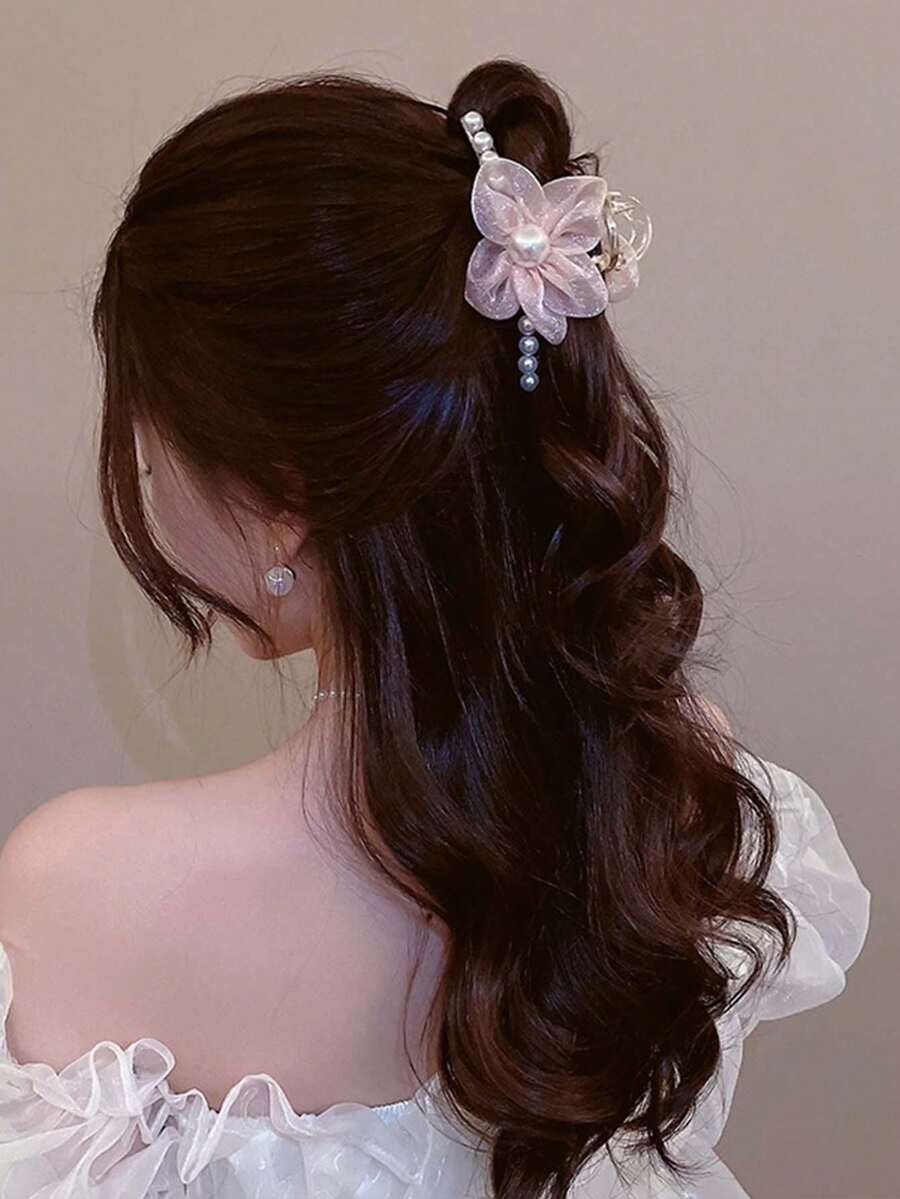 1pc Women's Pearl Flower Hair Claw - Pink - View 1