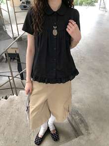 女款休閒寬鬆版型素色荷葉邊飾單排扣襯衫，春夏黑色 - 黑色 - 查看 8