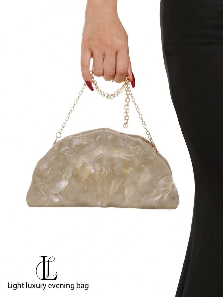 Women's Luxury High-End Evening Bag, Vintage Fan-Shaped Textured Metallic Color Handbag, Asymmetric Design With Magnetic Closure, Suitable For Party Occasions - Brown - View 1