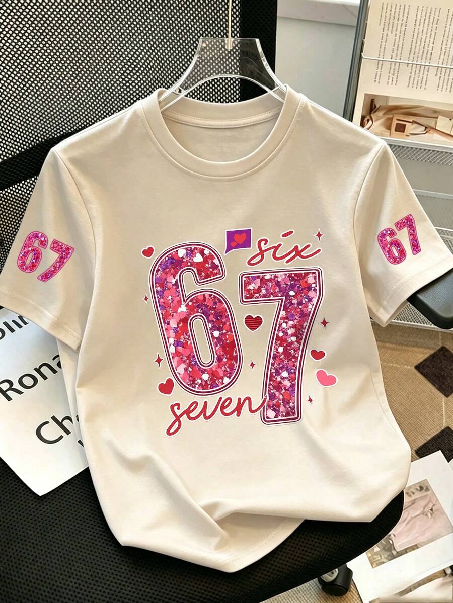 青少年女孩 Coquette 風格白色 T 恤,亮面「67」數字與愛心印花休閒短袖 T 恤,可愛 Y2K 夏季街頭風上衣 - 杏色 - 查看 1