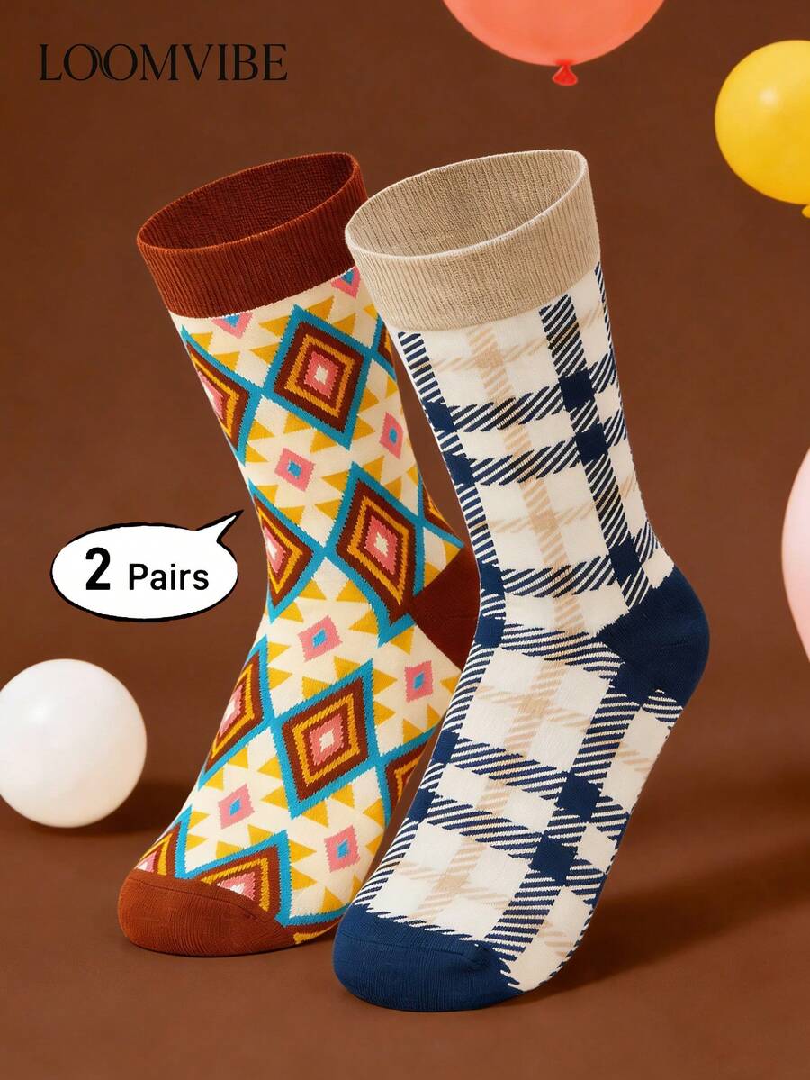 2 Pairs Unisex Diamond Plaid Vintage Jacquard Mid-Calf Socks, Sweat-Absorbent, Odor-Resistant, Anti-Slip, Wear-Resistant, Color-Block Vintage Artistic Casual Mid-Calf Socks, Suitable For Daily Commute, Vintage Outfits, Gift Matching - Multicolor - View 1