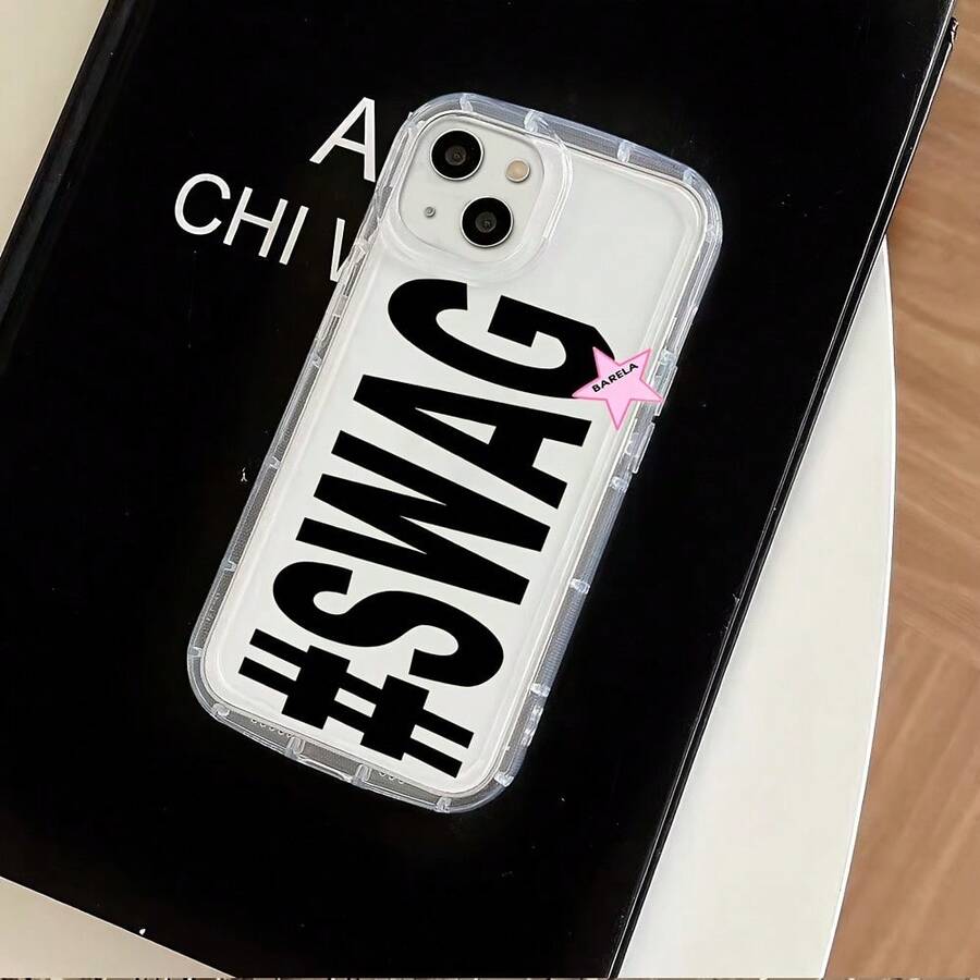 Y2K "#SWAG" 白色圓點極簡印花黑色亮面手機殼,適用於 iPhone 11 13 Pro Max 15 17 17 Pro Max 及 Galaxy S24 Ultra S26 Ultra,標語設計,適合千禧世代、生日及日常使用 - 彩色 - 查看 1