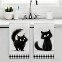 MEMNUN 2pcs Black & White Plaid Fluffy Black Cat Cartoon Long Hair Cat Print Kitchen Towels Dish Towels 40*60cm/45*70cm Super Soft Microfiber Modern Dish Cloths, Hand Towels, Home Decor, Kitchen Decor Cooking Baking Tea Towels Hand Towels Kitchen Accessories Machine Washable Cleaning Supplies Suitable For Restaurant Kitchen Holiday Decoration And Gifts All Seasons - Multicolor - View 10