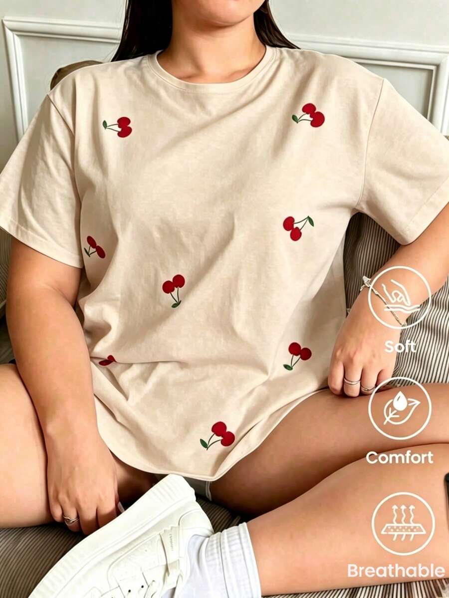 Camiseta de manga corta nueva primavera-verano, gramaje de 180 g. Estampado de dibujos animados, modelo para parejas. - Albaricoque - Ver 1