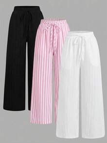 Set Of 3 High-Waisted Loose Straight-Leg Trousers With Drawstring And Pockets, Solid Color And Versatile, Suitable For Spring/Summer - Blue - View 1