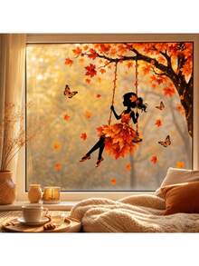 Autumn Window Stickers, Autumn Maple Leaf Swing Silhouette Window Stickers, Removable Static Cling Decals With Butterflies, Suitable For Thanksgiving, Halloween, Home Glass Decoration, Aesthetic Autumn Decor - Multicolor - View 1