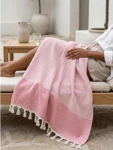 Striped Tassel Beach Pareo – Large Lightweight Sarong, Fast Dry Towel For Sea, Pool, Yoga, Pilates – Multi-Purpose Cover Up - Pink - View 4