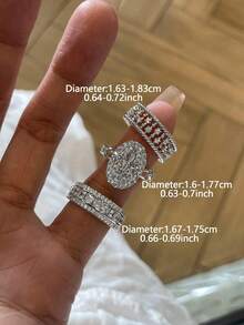 3pcs Old Money Style Cubic Zirconia Geometric Stackable Copper Rings Set, Suitable For Women's Daily And Party Wear - Silver - View 5