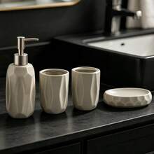 4-Piece Matte Gray Ceramic Bathroom Accessory Set, Modern Geometric Faceted Bathroom Organizer Kit With Soap Dispenser, Toothbrush Holder, Tumbler & Soap Dish, Complete Bathroom Countertop Storage Set For Home & Apartment - F-Beige - View 1