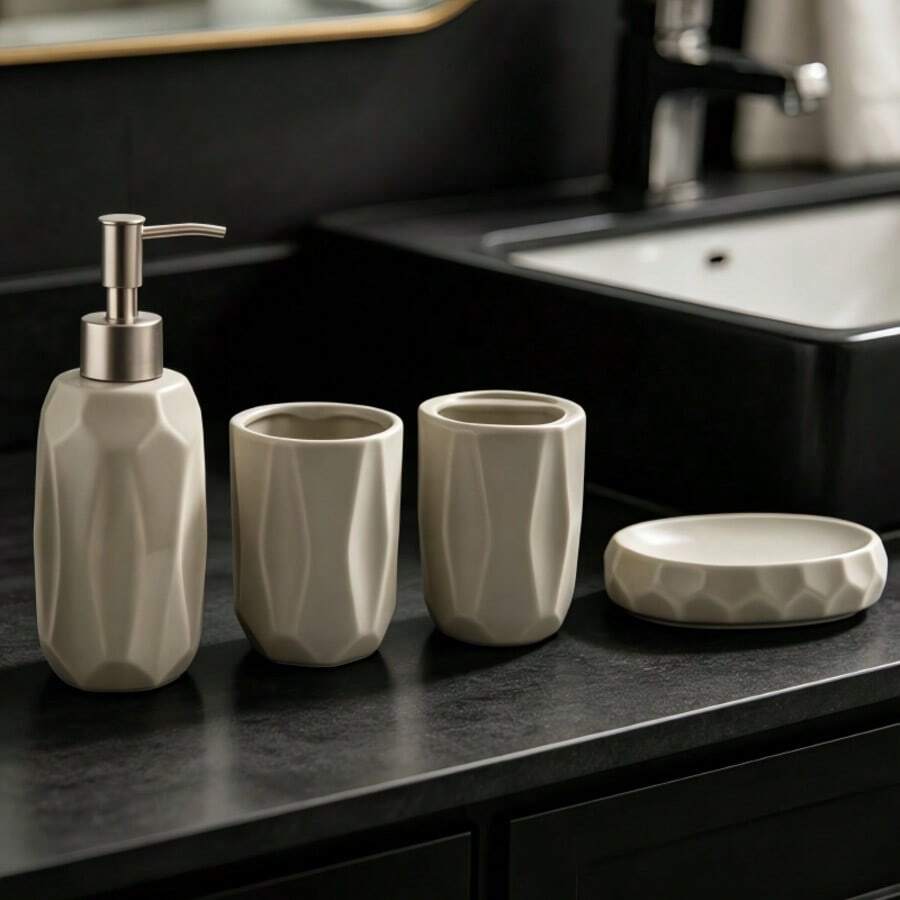 4-Piece Matte Gray Ceramic Bathroom Accessory Set, Modern Geometric Faceted Bathroom Organizer Kit With Soap Dispenser, Toothbrush Holder, Tumbler & Soap Dish, Complete Bathroom Countertop Storage Set For Home & Apartment - F-Beige - View 1