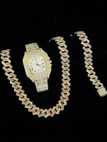 3pcs/Set European American Hip Hop Cuban Bracelet Necklace Watch Gift Set Quartz Watch - 3pcs - View 2