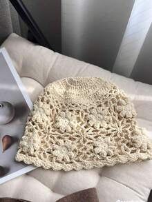 1件女款復古風鏤空透氣手工鉤編花卉圖案裝飾多功能輕量頭巾帽，適合戶外與日常穿著 - 花朵 - 查看 11