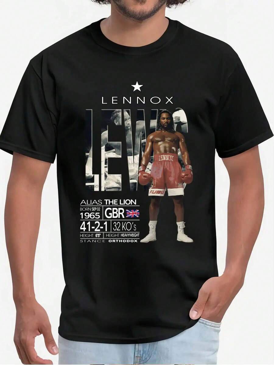 Camiseta Conmemorativa del Campeón de Boxeo Lennox Lewis – 44 Combates, 41 Victorias, 32 KOs, Camiseta Gráfica Vintage, Camiseta Casual de Manga Corta para Hombre con Diseño del León de Ali, Negra, Ropa Deportiva, Clásica - Negro - Ver 1