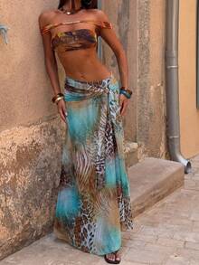 Summer Leopard Snake Zebra Mixed Print Wrap Long Skirt, Asymmetrical Ruffle Tie Waist Sheer Sarong Skirt, Beach Vacation, Date, Valentine's Day, Concert Nightclub Party Outing - Multicolor - View 1