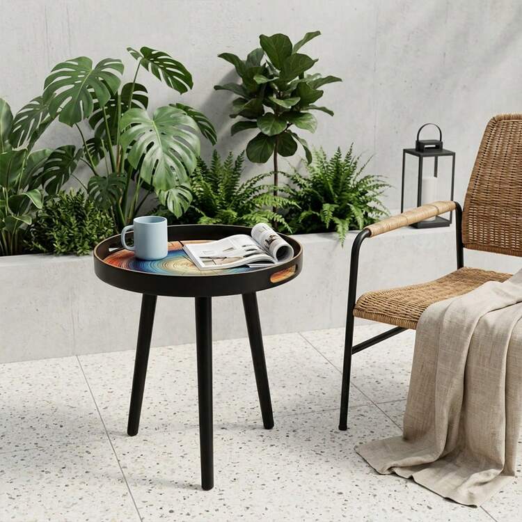 4pcs,Chic Round Plastic Side Table,Tree Ring Print Abstract Art Print,Small Coffee Tray Table,Multifunctional Sofa End Table & Bedroom Nightstand With Removable Tray For Home Living Room - Multicolor - View 9