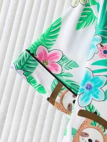 2pcs/Set Sloth Tropical Floral Print Women's Pajamas, Premium Satin Fabric, Smooth And Comfortable, Loose Lightweight Button Short Sleeve Top And Shorts, Plus Size Casual Home Wear Women's Pajama Set - Mint Green - View 5