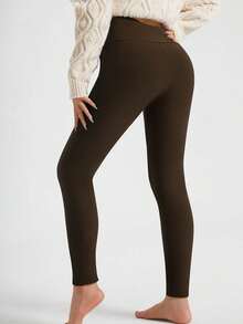 Autumn/Winter Thermal Lined Long Pants, Casual High Waist Skinny Pants, Elastic Lambswool Thermal Skinny Yoga Pants, Warm And Comfortable - Coffee Brown - View 4