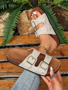 Summer New Casual Women's Flat Sandals, Metal Buckle Decor Suede Insole With Arch Support Mule Shoes, Simple Comfortable Casual Flat Beach Shoes, Suitable For Daily Outings Women's Beige Sandals, Cute Versatile Women's Summer Sandals - White - View 3