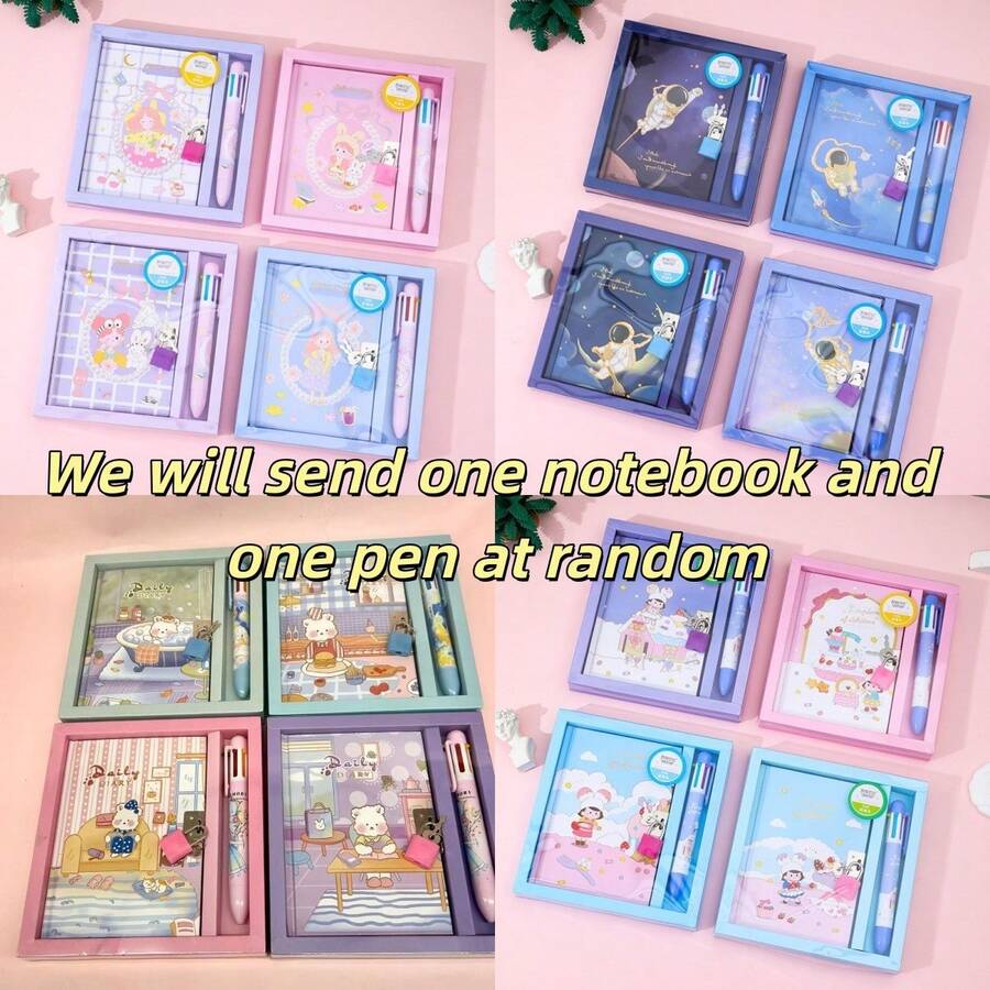 1 Set Patrón Aleatorio (Cuaderno + 1 Bolígrafo de Seis Colores) Cuaderno de Dibujos Animados con Candado, Set Portátil de Bolsillo, 64 Hojas 128 Páginas, Diario de Niña, Esencial para Regreso a Clases, Cuaderno Lindo y Femenino, Pequeño Diario de Estudiante con Candado, Caja de Regalo de Planificador para Niña - Portátiles bloqueados enviados al azar - Ver 1