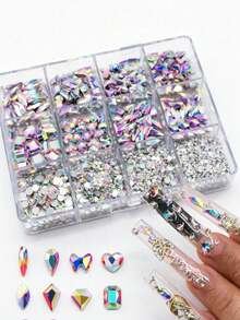 Best-Selling 12-Grid Flat Bottom Irregular Rhinestone Nail Art Decor, Iridescent Mixed Round Glass Rhinestones Nail Accessories - Baby Pink - View 6