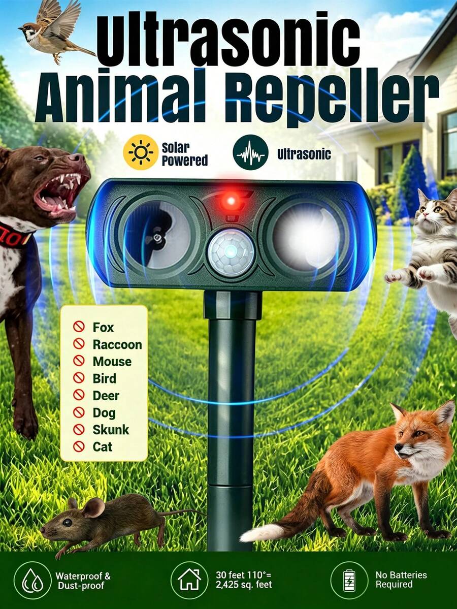 ENSSU Pengusir Hewan Bertenaga Surya, Pengusir Kucing dan Rusa Ultrasonik untuk Luar Ruangan dengan Sensor Gerak dan Lampu Berkedip, Tahan Air, Pengusir Kelinci, Tupai, dan Rakun untuk Halaman dan Taman. - MultiWarna - View 1
