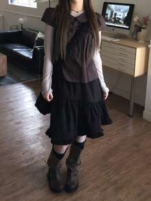 Retro Versatile Japanese Style Plaid Peter Pan Collar Short Sleeve Shirt Summer - Coffee Brown - View 5