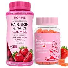 MONTUE Hair Skin Nails Vitamin With Biotin & Creatine Monohydrate Gummies,2500 Mcg, Strawberry, 80 Count, 40 Total Servings - Quả dâu - Xem 1