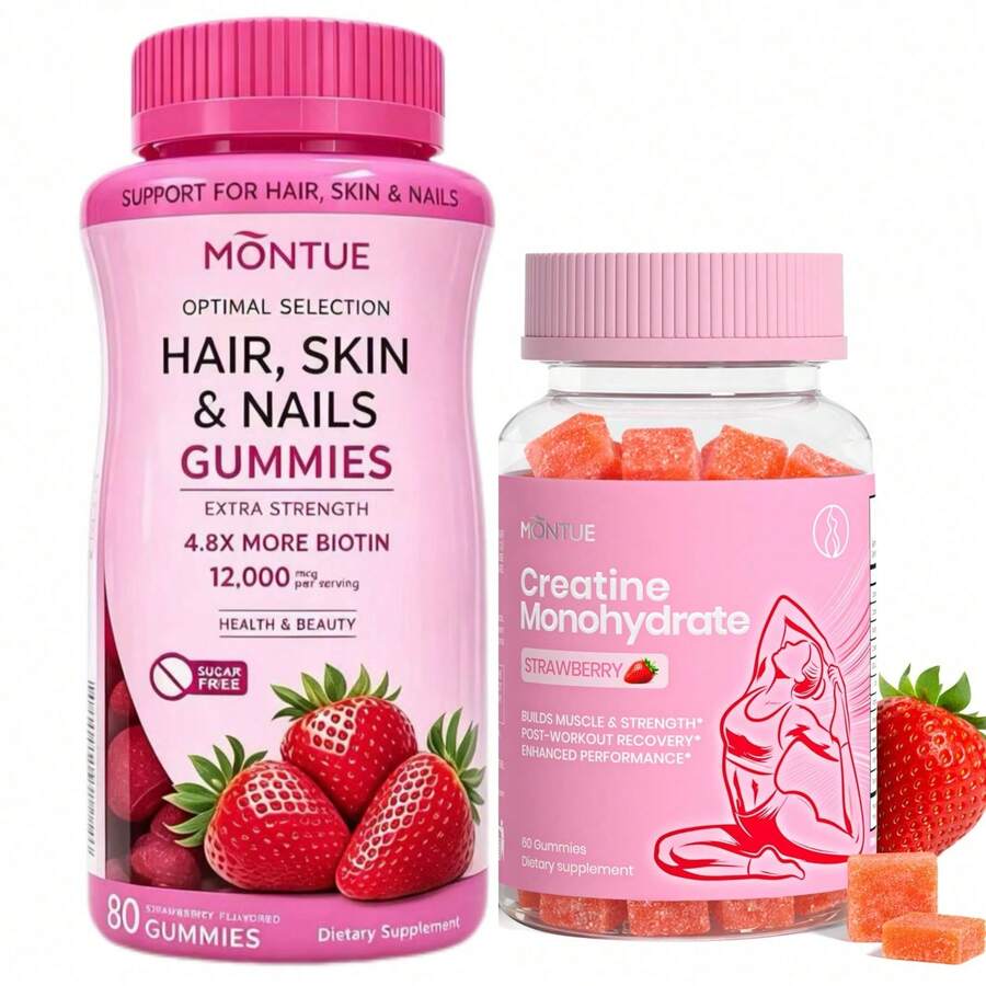 MONTUE Hair Skin Nails Vitamin With Biotin & Creatine Monohydrate Gummies,2500 Mcg, Strawberry, 80 Count, 40 Total Servings - Quả dâu - Xem 1