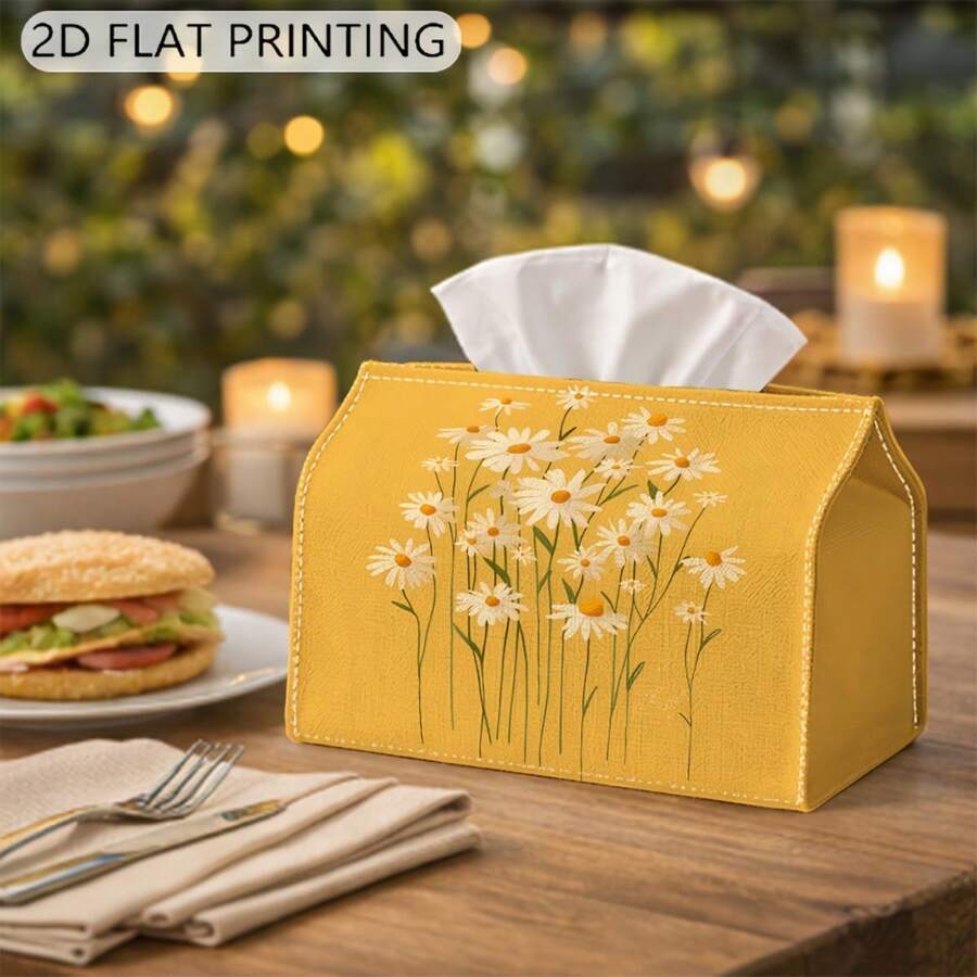 1pc Yellow Background Daisy Floral Print Fabric Tissue Box, Removable & Washable Paper Towel Holder, Fresh Country Style Desktop Napkin Storage Box, Home & Hotel Soft Decor Tissue Cover - Multicolor - View 1