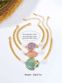 3pcs/Set Ocean Series Dopamine Oil Drop Shell Anklet Set For Women Casual Beach Wear - Multicolor - View 5