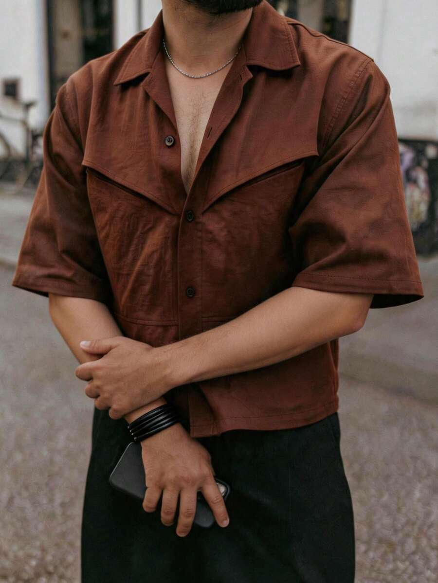 复古优雅领短袖男士衬衫,夏季新款小众翻领短袖上衣 - 咖啡棕 - 查看 1