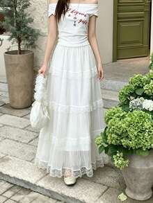 High Waist Lace Trim Mesh Flared Skirt, Casual Pleated Skirt, Versatile & Slimming, Spring/Summer 2026 White - White - View 2