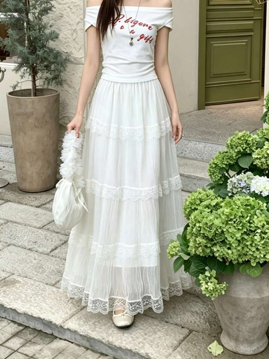High Waist Lace Trim Mesh Flared Skirt, Casual Pleated Skirt, Versatile & Slimming, Spring/Summer 2026 White