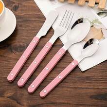 4Pcs Acrylic Handle Rivets Tableware Cutlery Set Stainless Steel Dinner Fork Knife Spoon Western Dinnerware Kitchen Flatware - Beige Silver - View 3