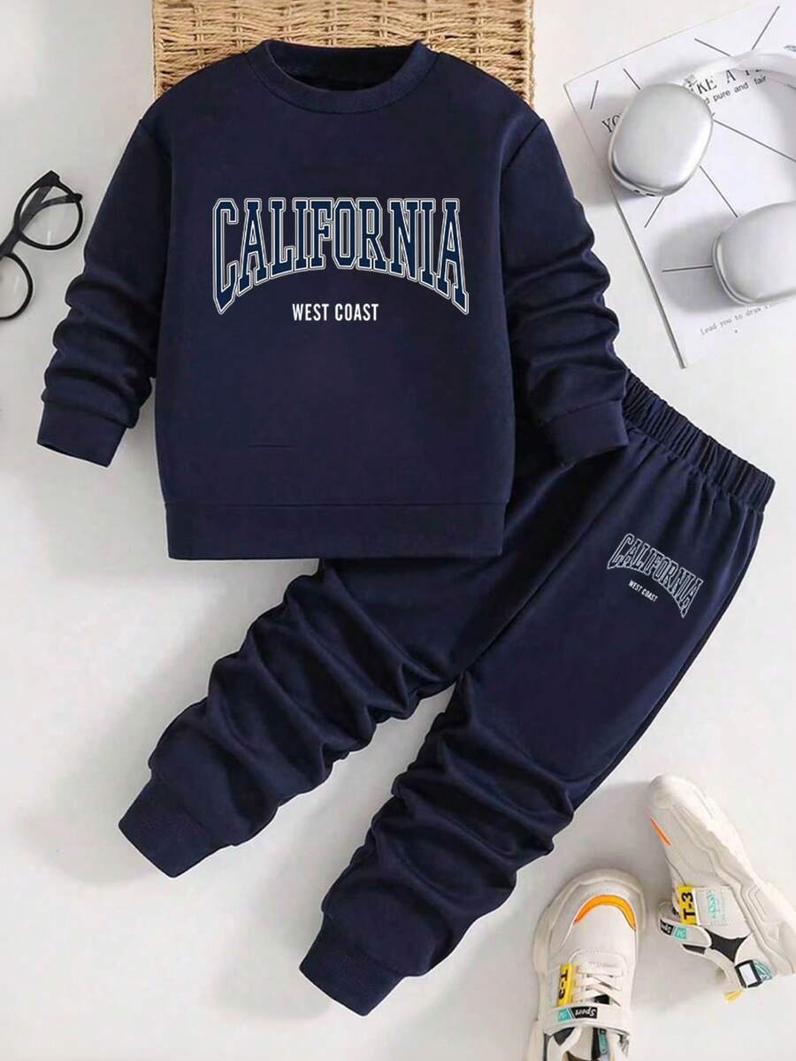 Tween Boy Letter Print Crew Neck Long Sleeve Sweatshirt And Sweatpants Casual Daily Set - Royal Blue - View 1