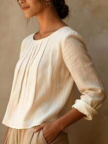 Women's Elegant Pleated Long Sleeve Blouse, Regular Fit Solid Color Top, Suitable For Spring And Autumn Wear, Vintage Style Regular Hem Top - Apricot - View 3
