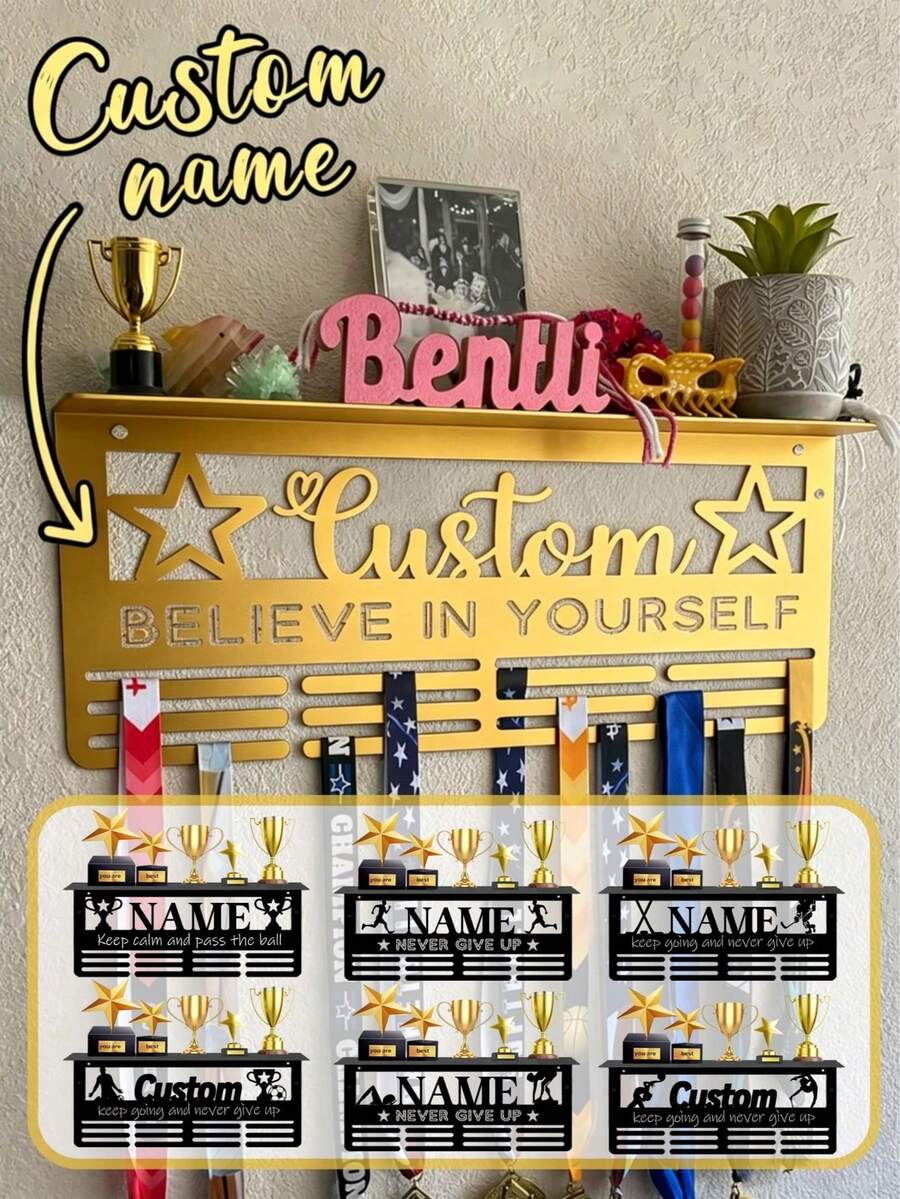 Customizable Wall Mount Metal Medal & Trophy Display Rack Sports Award Holder, Sports Display Metal Wall-Mounted Trophy &Award Holder - Multicolor - View 1