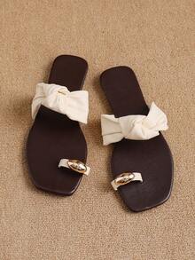 Women Coffee Beige Contrast Twist Bow Slide Sandals Oval Metal Toe Ring Flat Slippers - White - View 2
