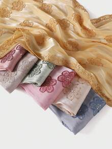 1件女款素色春夏精緻優雅波浪花瓣刺繡邊3D花朵刺繡蕾絲亮片穆斯林頭巾披肩，適用於長袍 - 彩色 - 查看 13