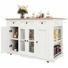 Kitchen Island, Removable Partitions, Kitchen Unit, Serving Cart With Worktop, Sideboard, Wood-Effect Serving Cart, Sideboard, Tempered Glass Display Cabinet, White - White - View 11
