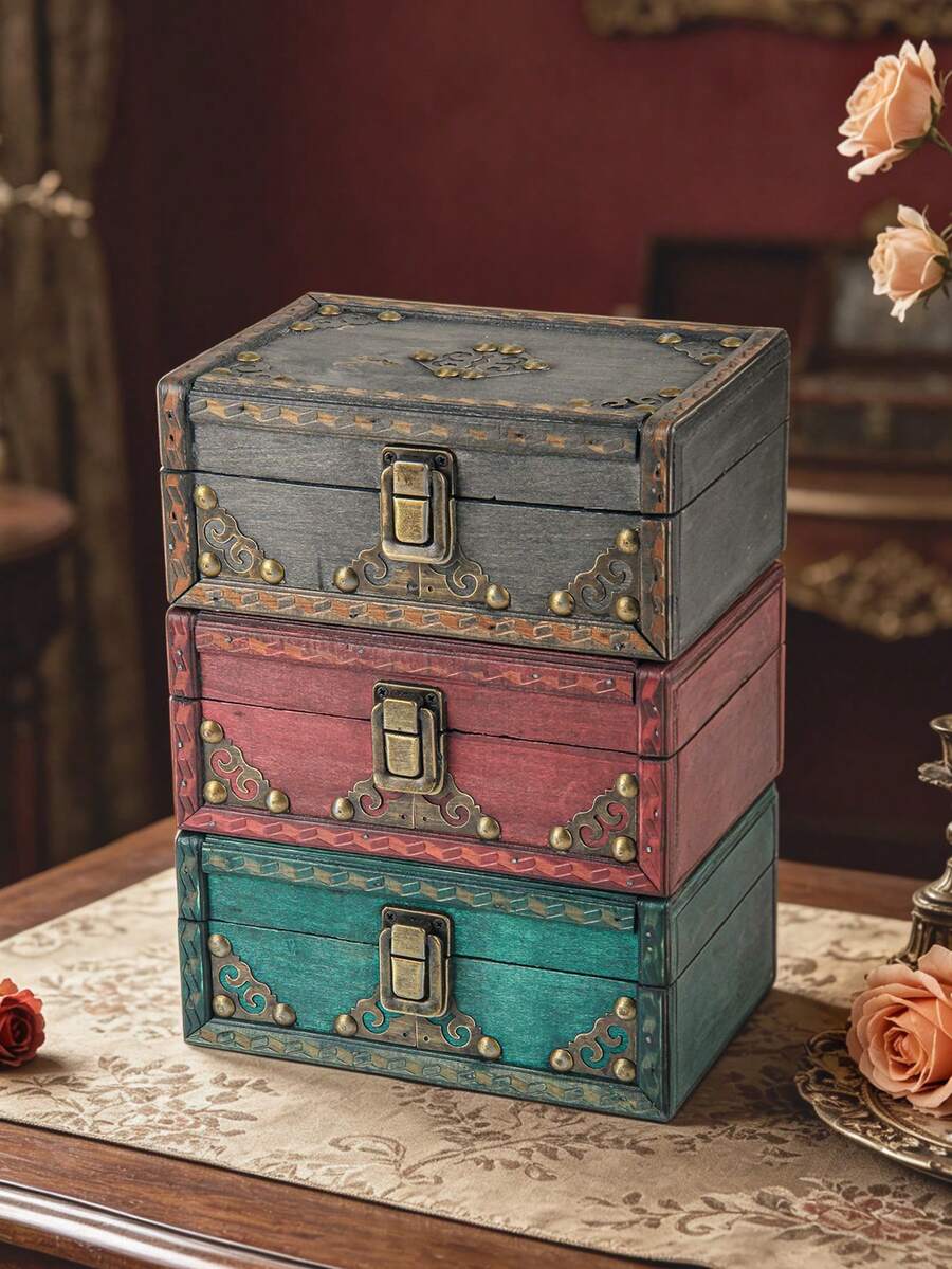 1 pieza Caja de almacenamiento de escritorio vintage de madera, joyero, accesorio, cofre del tesoro decorativo