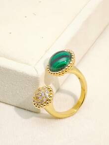1 pièce Bague ouverte hémisphérique de design luxueux, bague pour femme en cuivre plaqué or avec pierre de zircone - Vert - Voir 4