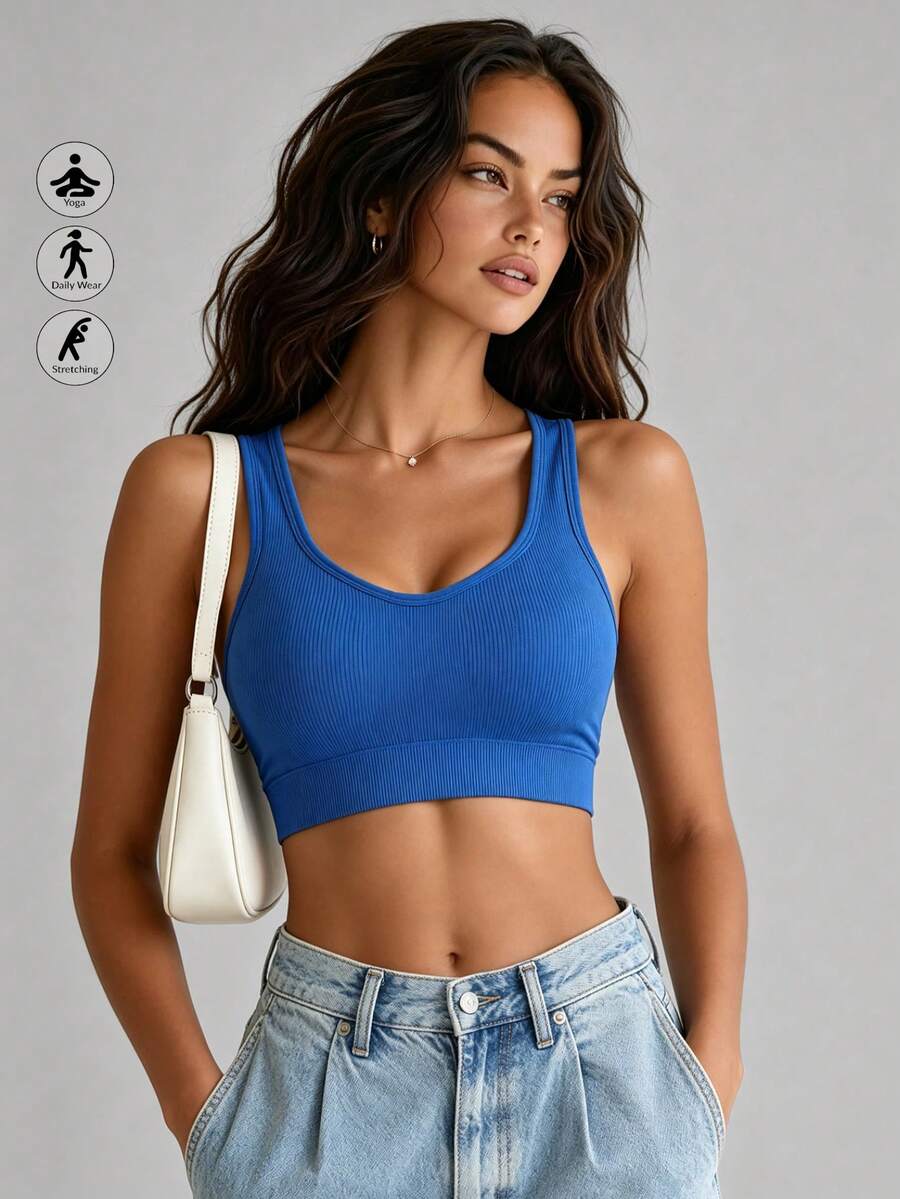 Runway Rest Women's Solid Color Cross-Back Crisscross Strap Sports Bra, Cool Light Blue - Blue - View 1