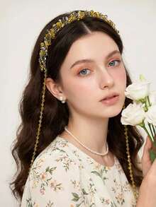1pc Elegant Crystal Tassel Headband, Exquisite Charming Women's Hair Accessory, Versatile Headband Suitable For Party, Vacation, Gathering - Champagne - View 5