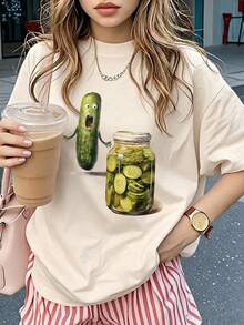 1pc Tween Girl Casual Printed Round Neck Short Sleeve T-Shirt For Summer Students, Fashionable Minimalist English Letter Art Style T-Shirt Inspires Imagination And Self-Expression - Apricot - View 1